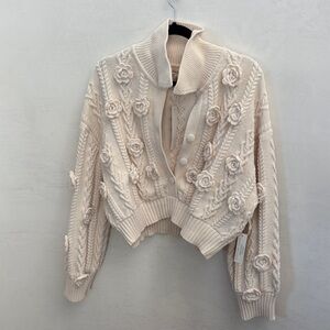 For Love and Lemons Cream Floral Appliqué Knit Sweater Cardigan